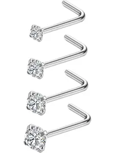 4Pcs Titanium Nose Rings 18G & 20G - L Shaped, Corkscrew, Straight - Clear CZ Nose Studs Hypoallergenic Nostril Piercing Jewelry for Women & Men - 1.5mm, 2mm, 2.5mm, 3mm
