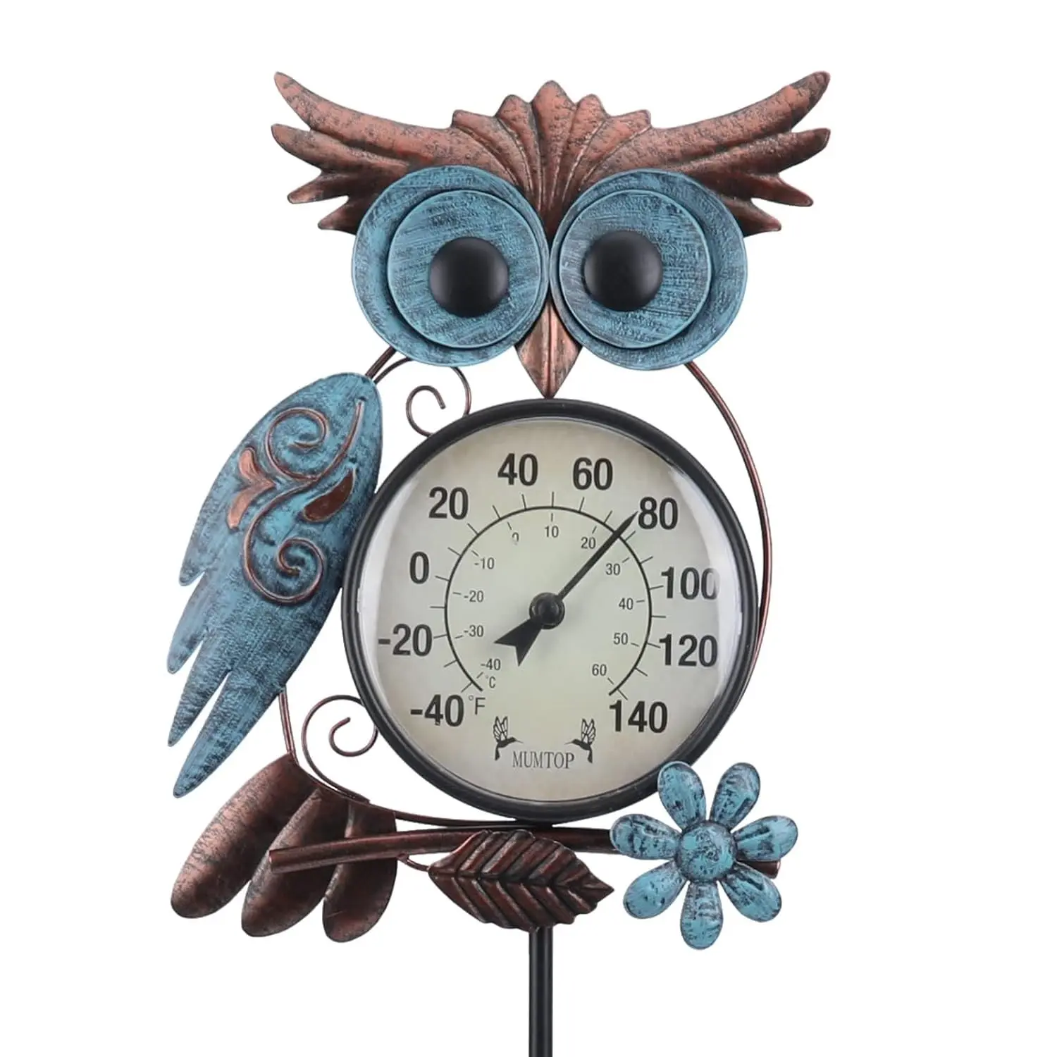 42-Inch Weatherproof Metal Owl Stake Outdoor Thermometer (-40°C~+60°C) for Wall-Outdoors, Patio-Yard Garden Decor