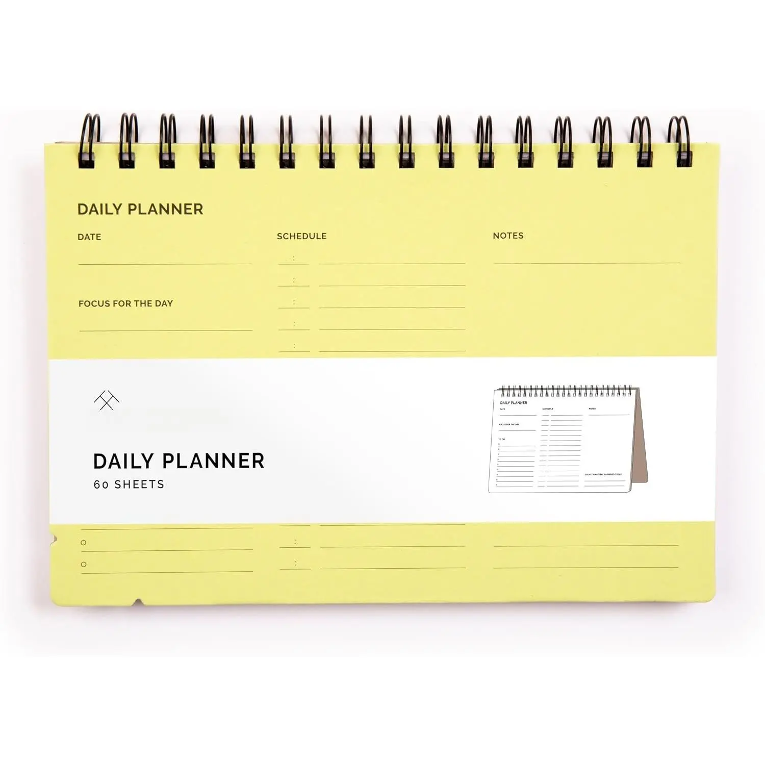 Undated Daily Planner Notebook – Spiral Bound A5 (5.75" x 8.5"), 60 Pages, Yellow Cover | Simple Organizer for Work, School & Personal Goals