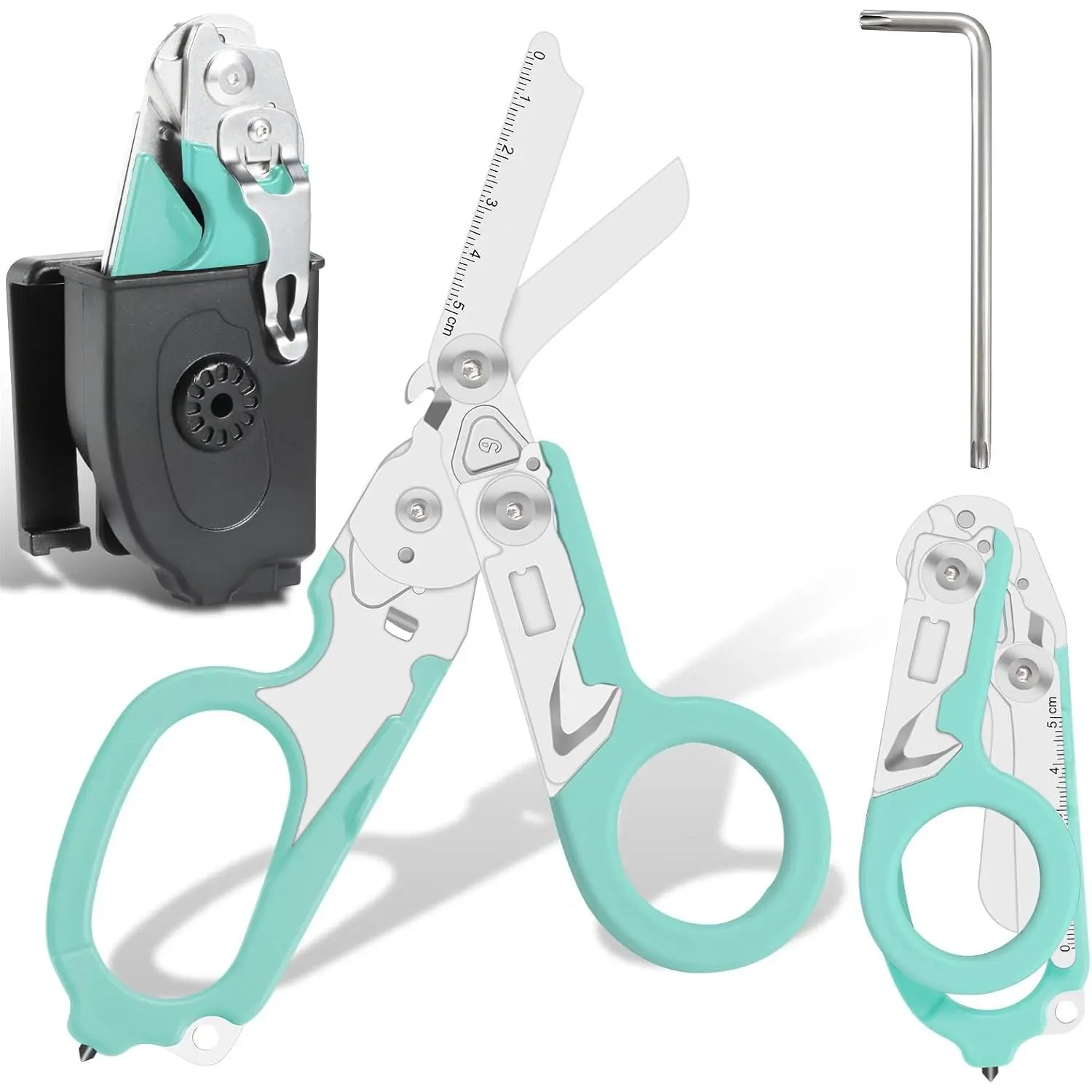 Trauma Shears, 6 In 1 Emergency Shears, Stainless Foldable Trauma Scissors with Compatible Holster, Camping, for EMTs, Nurses, and First Responders (Turquoise)