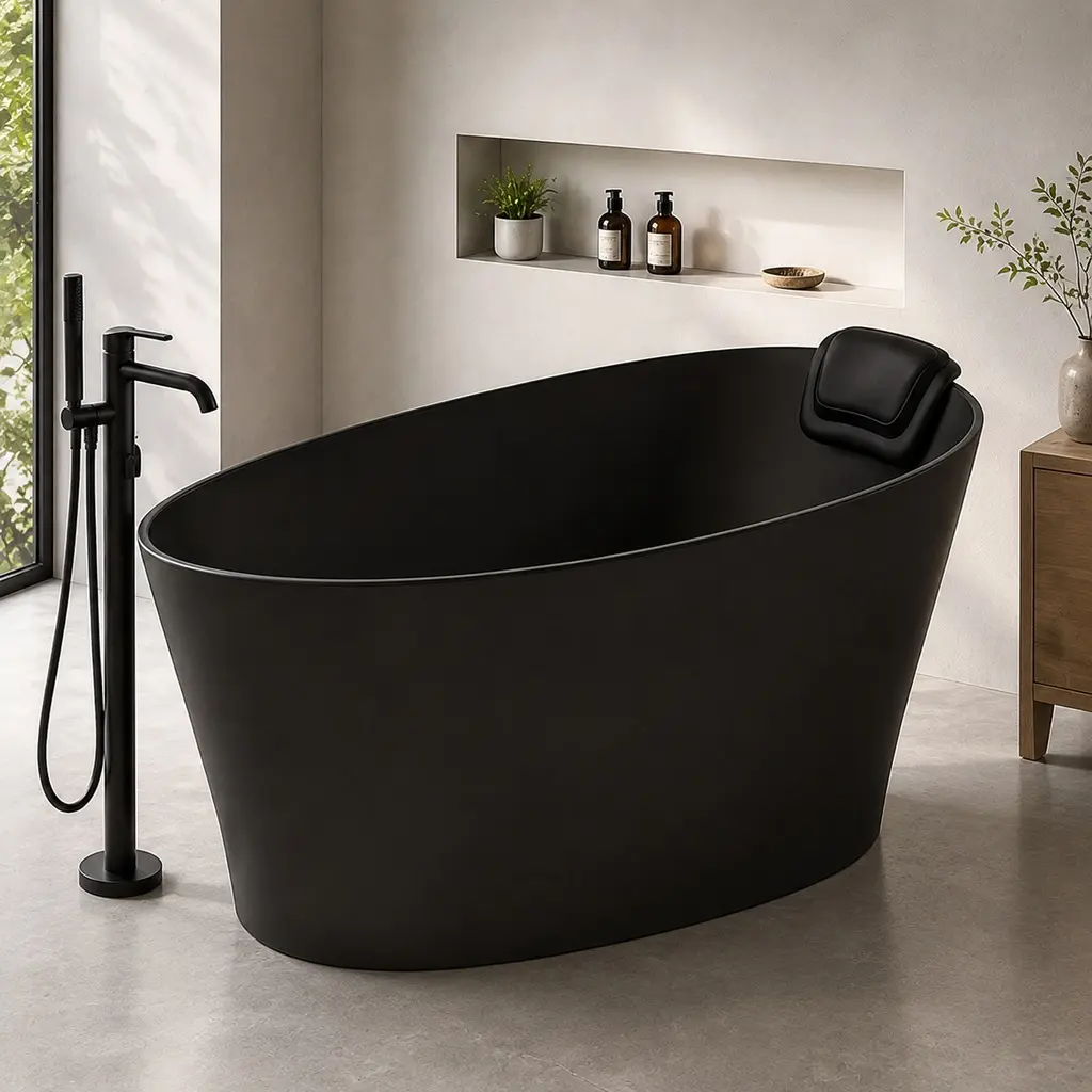 51-Inch Solid Surface Oval Freestanding Soaking Bathtub - Ergonomic Lumbar Arch, Integral Seat, Headrest, Black, Non-Porous Artificial Stone, Overflow & Drain Assembly Included