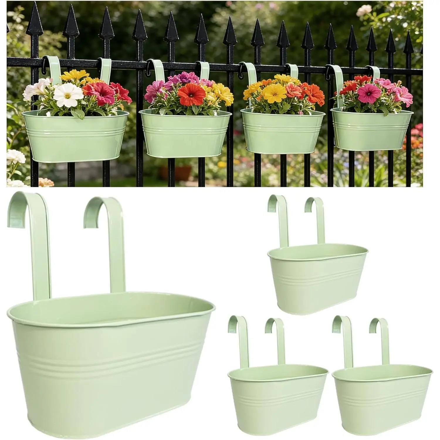 Balcony Hanging Planters Flower Pots, 10" Metal Flower Pots for Outdoor Balcony Rails, Fence Pot Hanging Plant Holders with Detachable Hooks for Garden Patio Yard Decor (Mint Green, 4Pcs)