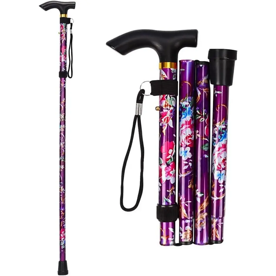 Folding Walking Cane with Floral Pattern for Seniors, Men & Women, Adjustable Lightweight Aluminum Stick for Balance, 33" to 37" with Ergonomic Handle