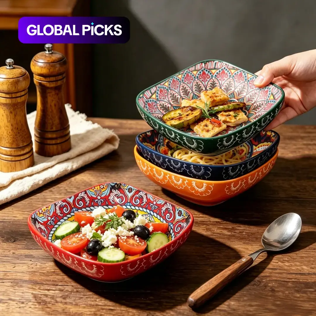 4 Piece Square Dinner Set, Boho Style Painted Ceramic Plates, Elegant Serving Bowls, Microwave & Dishwasher Safe, Kitchen Essentials, Tableware Sets #GLOBAL PICKS