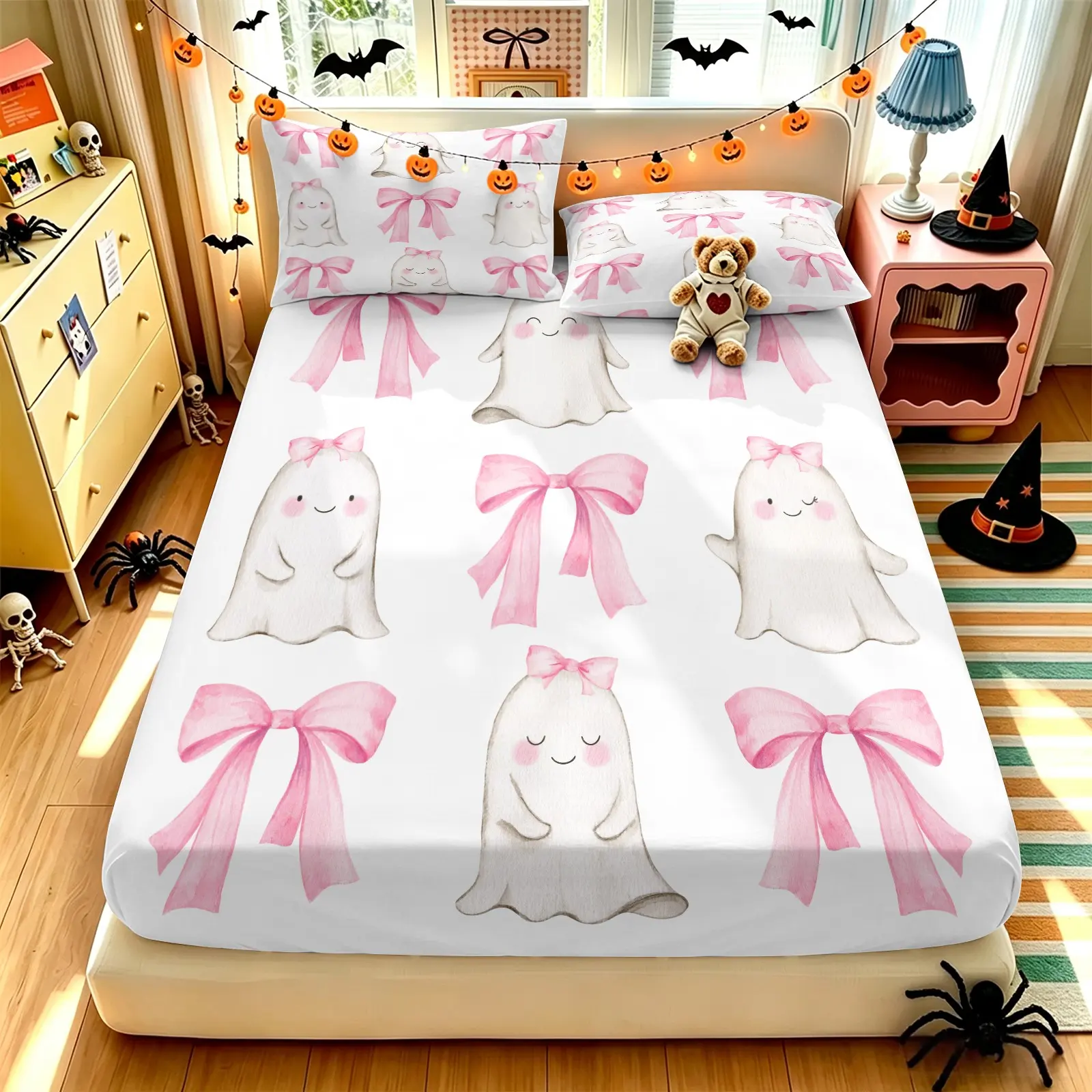 Coquette Cute Ghost With Pink Bow Fitted Sheet Set (1 Fitted Sheet + 2 Pillowcases), Soft Breathable Fabric, All-Around Elastic Deep Pocket Non-Slip Mattress Protector, Watercolor Print Bedding, Girly Halloween Home Decor Gift