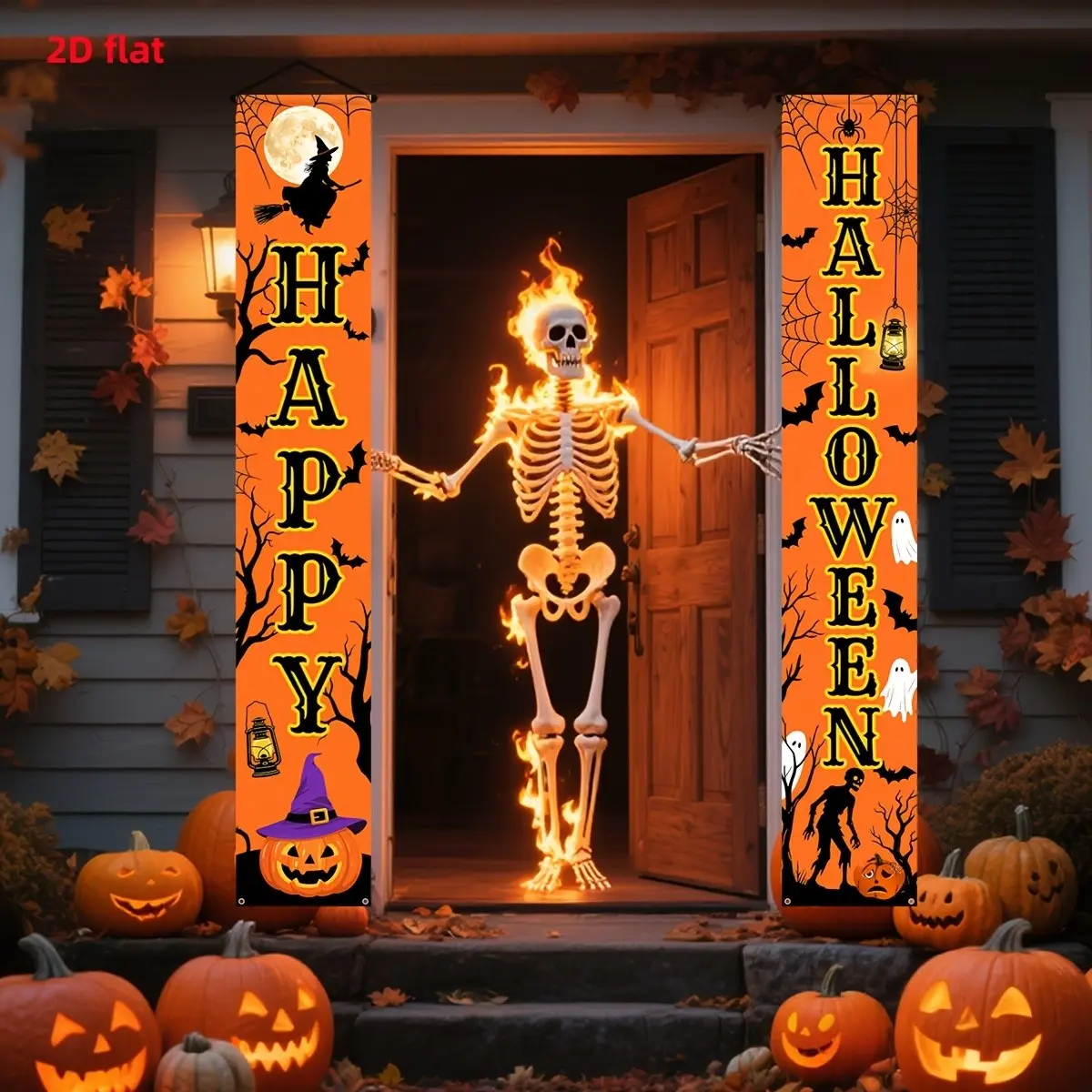 Halloween Banner Set, 2pcs Flat Banners with Witch & Pumpkin, Polyester Backdrop Banner, Perfect for Halloween Party Decor, Indoor Outdoor Home Decoration