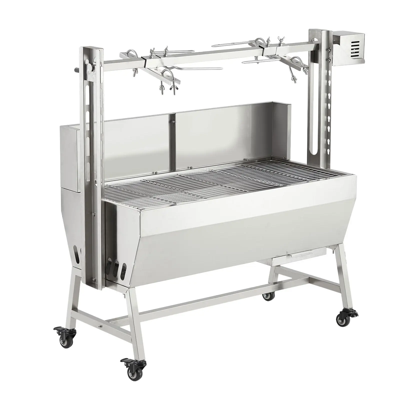 37-Inch Stainless Steel Charcoal Rotisserie Grill – 132lb (60kg) Capacity, 50W Electric Motor, Adjustable Height, Locking Casters, Windscreen, Baffle,Outdoor Party Campfire Barbecue