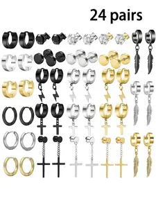 24 Pairs Stainless Steel Earrings, Low Allergy Cubic Zirconia Studs, Punk Style, Unisex, Cross Dangle, All Seasons, Plated with Precious Metal