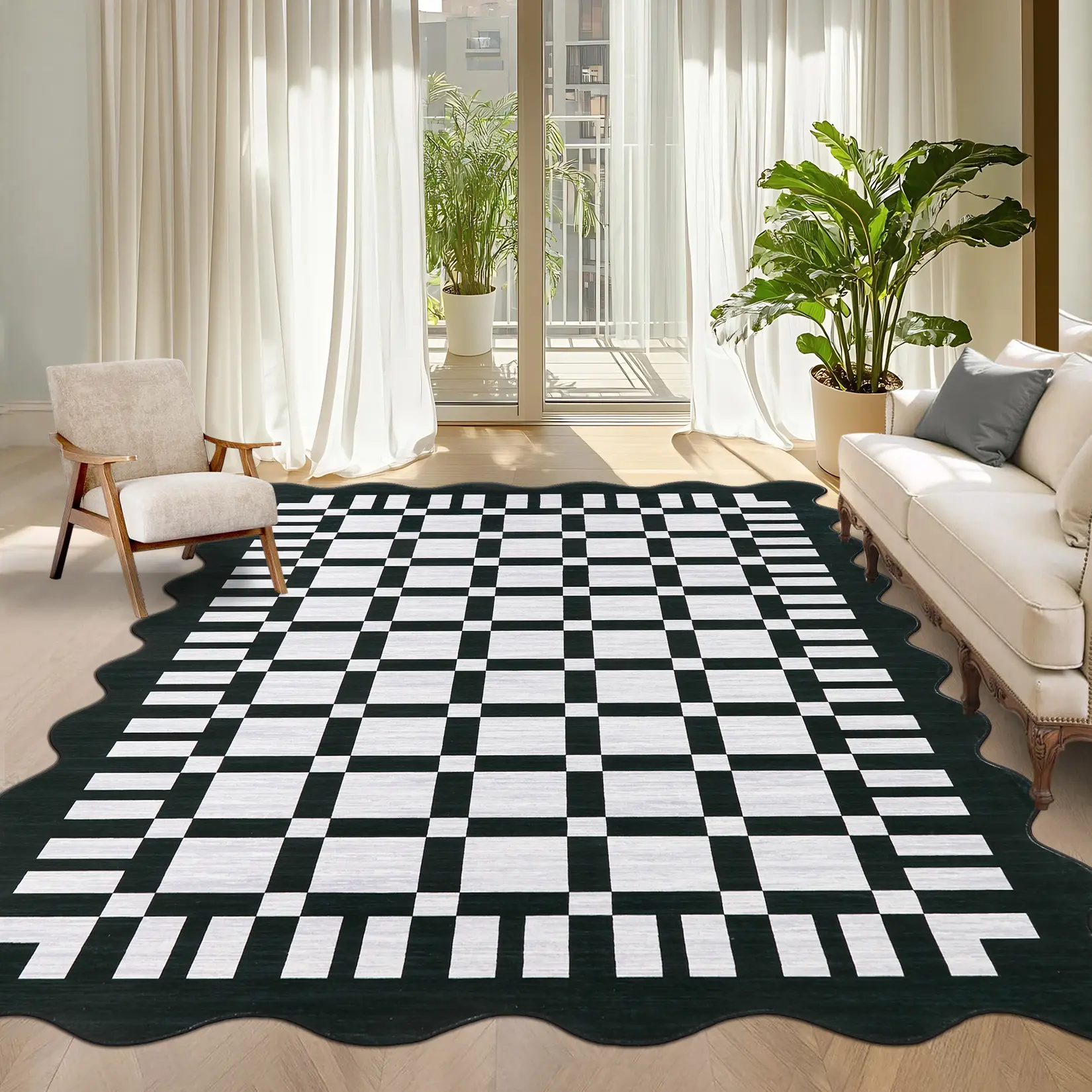 Modern Checkered Area Rug with Scalloped Border Washable Non Slip Beige Carpet for Living Room Bedroom Nursery Multi Size Floor Mat