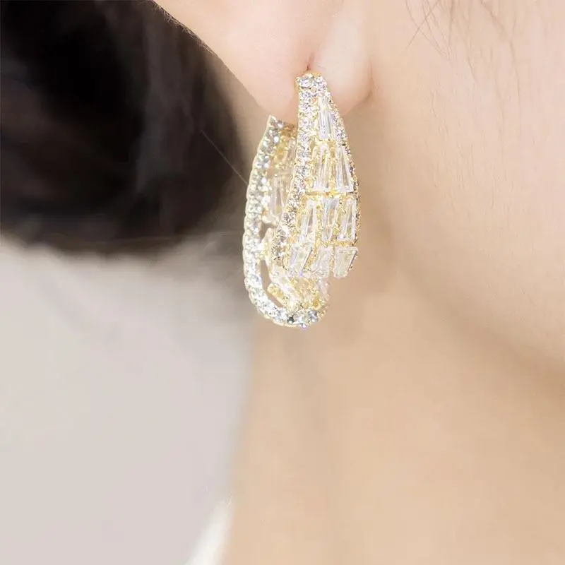 Sparkle Zircon Stud Earrings 2-in-1 Design Fashion Trendy Light Luxury Jewelry for Women
