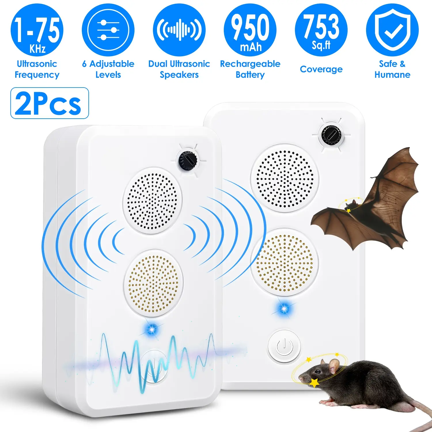 2-Pack Rechargeable Ultrasonic Bat Repeller, Indoor & Outdoor Bird and Rodent Repellent with 6 Adjustable Frequency Levels for Attic, Porch, Garage & Home