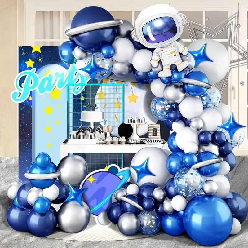 106 Piece Astronaut Balloon Garland Set, Galaxy Blue Silver Balloon Arch with Planet Star Mylar Balloons, Boy Birthday Party Decorations, Balloon Garland Kit