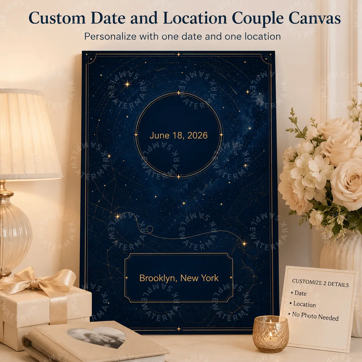 Custom Constellation Lines Canvas Wall Art Print - Luminous Thin Single Panel Starry Night Map, Dark Navy Dark Academia Decoration, Personalized Date-Location Text, Wedding Gift for Bedroom