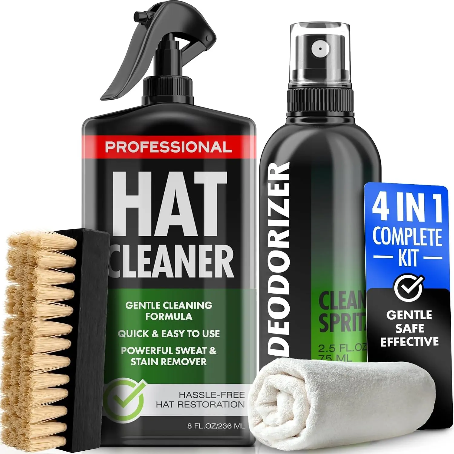 4-in-1 Professional Hat Cleaning Kit - Gentle Cleaner for Baseball Caps, Cowboy & Felt Hats, Removes Dirt & Stains, Includes Deodorizer, Brush & Microfiber ClothGift