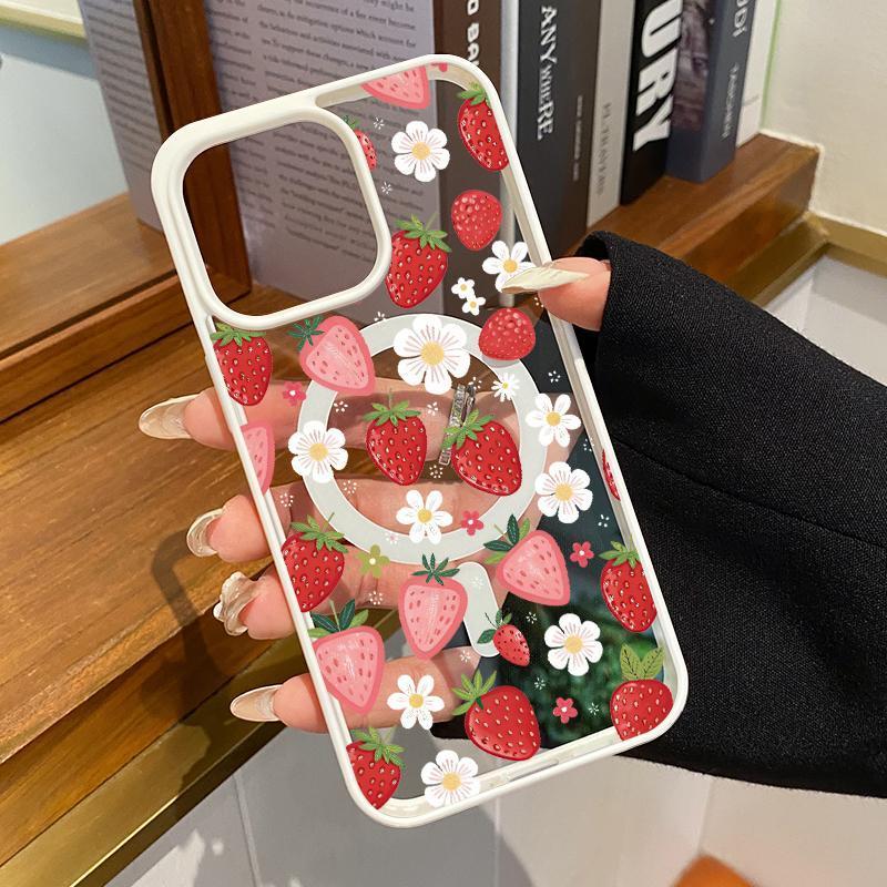 Strawberry Daisy Pattern Magnetic Phone Case Supports Wireless Charging for iPhone 17 15 16 14 Pro Max 13 12 11 XR XS Air Plus E Shockproof Non Slip Protection Silicone Transparent Acrylic Cover Cellphone Protective Smartphone Casing
