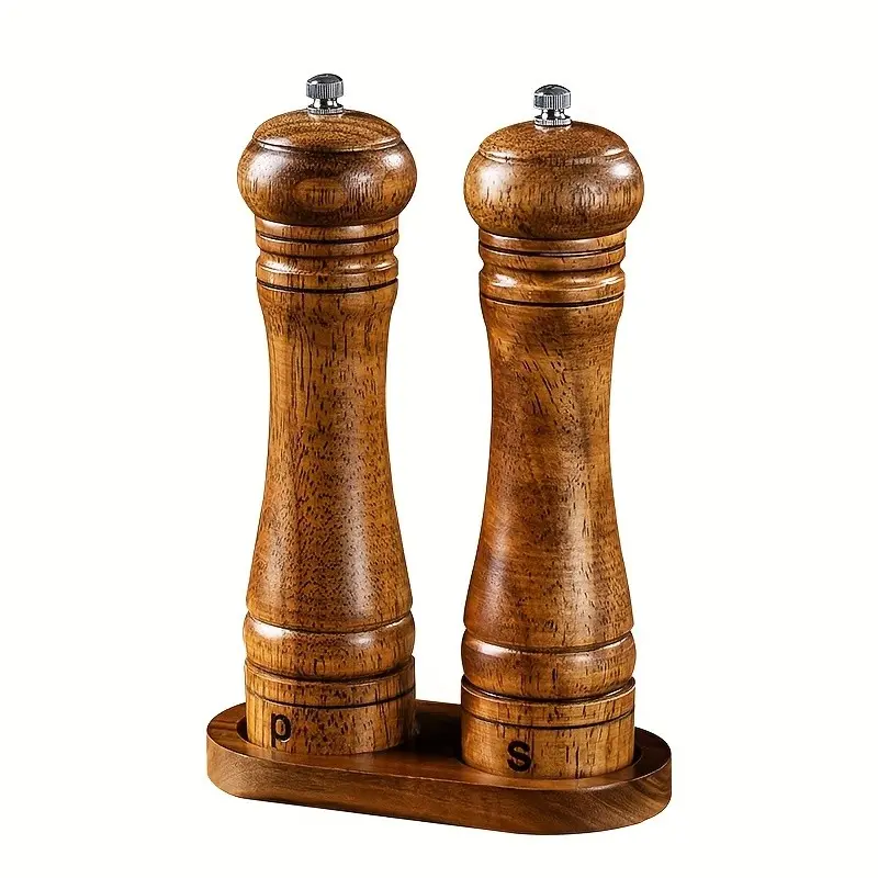 2pcs Wooden Pepper Grinder Set with Base - Manual Spice Mill for BBQ, Picnic, Camping | Pepper & Sea Salt Grinders Reusable Kitchen Gadgets & Perfect Christmas Gift