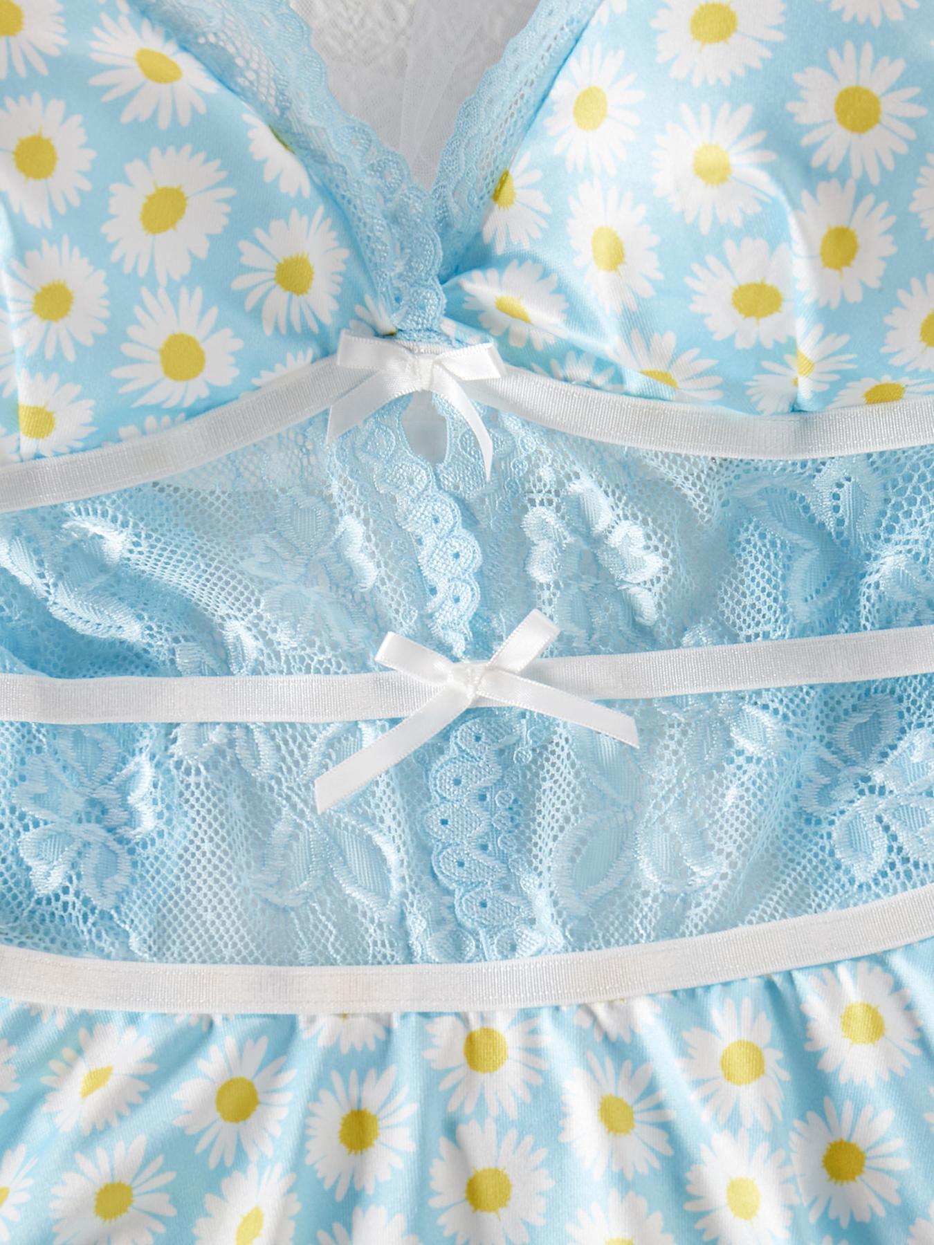 Women's Daisy Print Contrast Lace Sexy Cami Romper, Sexy Cut Out Sheer Lingerie Romper for Indoor, Ladies Summer Clothes, Rompers for Women