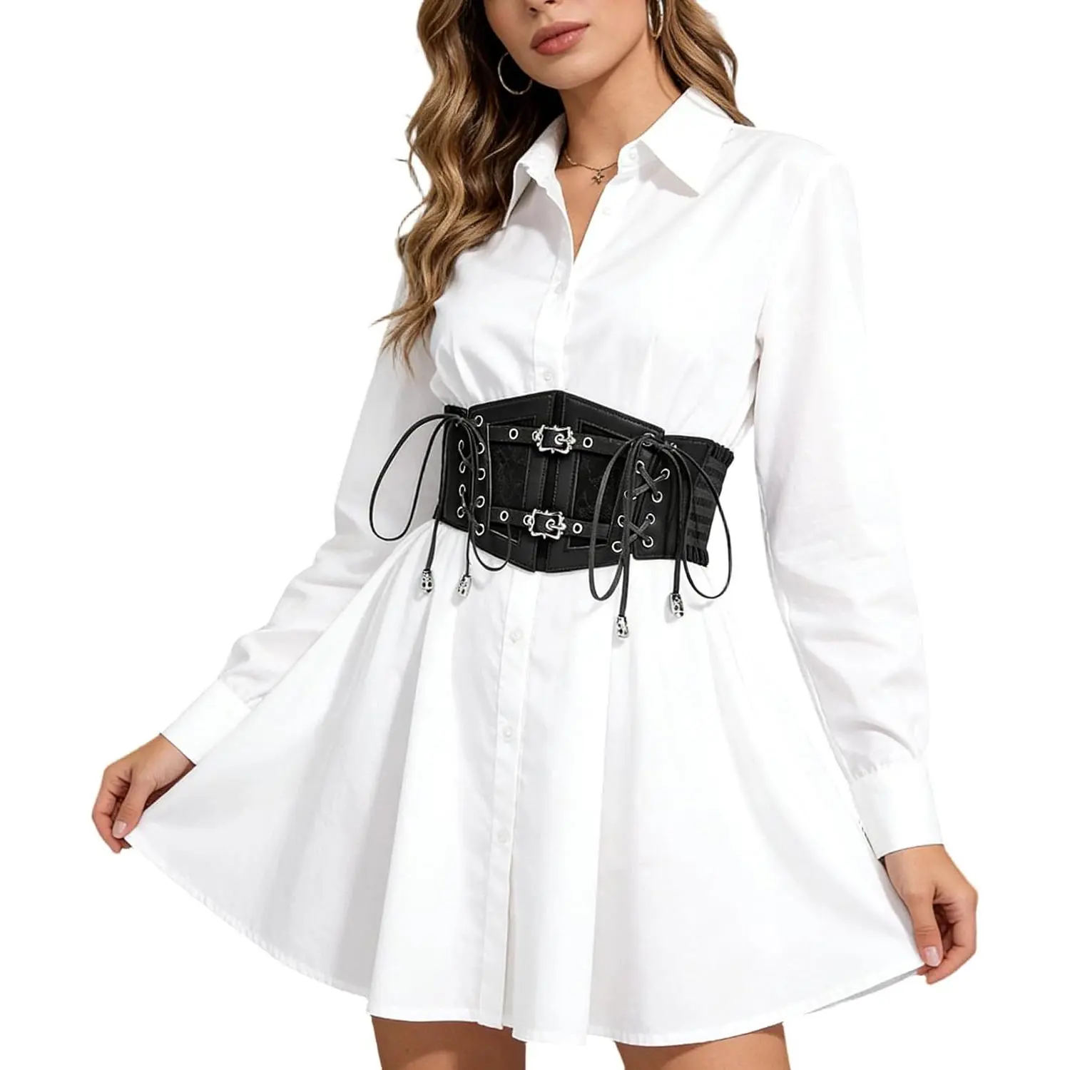 Women Gothic-Renaissance-Corset-Belt Underbust Wide High--Cincher with Sides Lace-Up for Dresses (S/M)