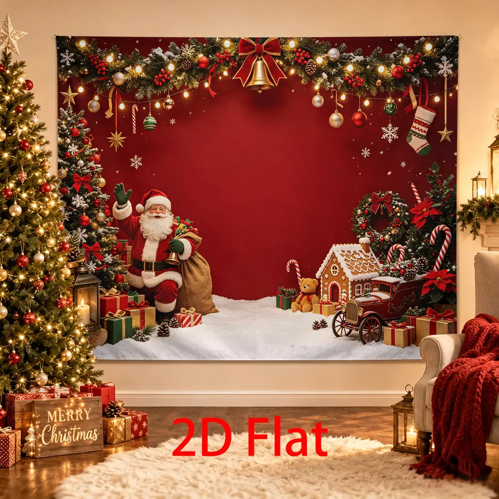 Red Christmas Santa Backdrop with Gingerbread House, Vintage Car, Teddy Bears, Gifts, Candy Canes and Evergreen Holiday Photo Background