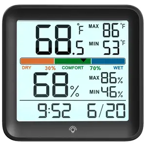 Black Indoor Digital Thermometer-Hygrometer (3.6" W x 3.4" H), Accurate Calibration, LCD Screen, Backlight, Air Comfort Indicator, Max-Min Records, Time, Date, Hook, Kickstand, ±2 °F Accuracy (1 Pack)