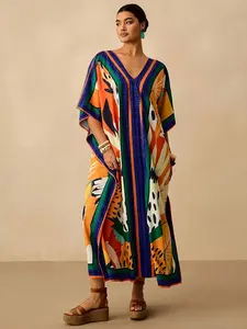 Women's Middle Eastern Muslim Traditional Long Robe Dress, Modest Muslim Clothing, Modest Style, Casual V-Neck Print Batwing Sleeve Beach Robe, Elegant Vacation Wear