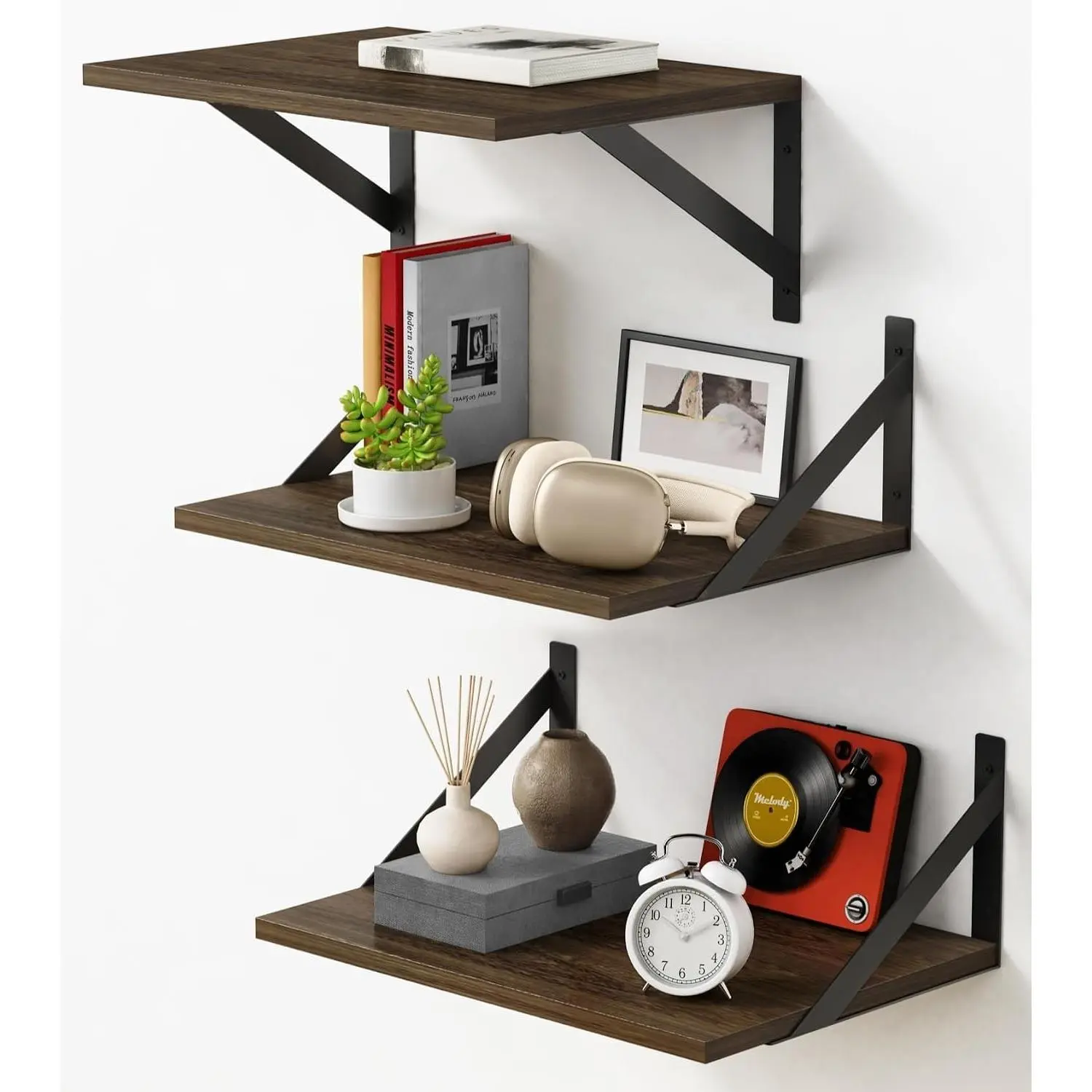 12 Inch Deep Floating Shelves for Wall Set of 3, Wooden Wall Bookshelf for Bedroom Books, Rustic Wood Hanging Bookshelves for Bathroom Living Room Office Storage (Dark Brown)
