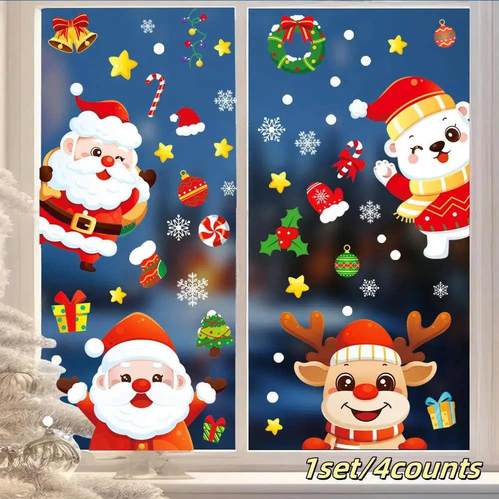 4 Piece Christmas Window Stickers Set, Santa Claus, Reindeer, Snowman, Candy Patterns, Double-Sided PVC Glass Decals, Indoor Outdoor Use
