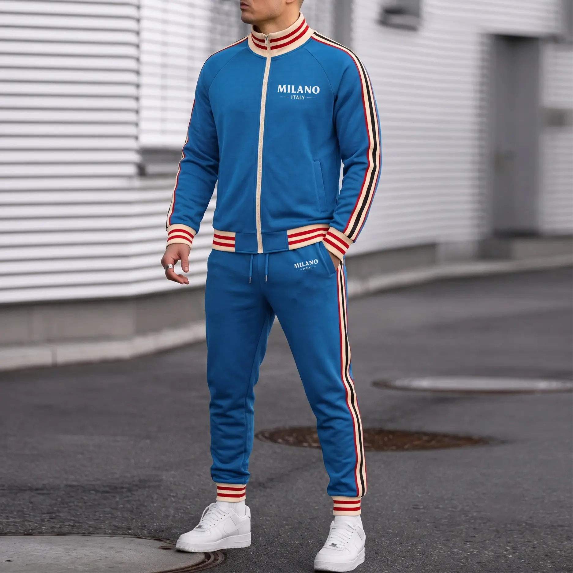 Men’s Retro Milano Graphic Two-Piece Tracksuit, Zip Track Jacket with Ribbed Trim and Matching Elastic Waist Jogger Pants, Contrast Side Stripe Sportswear Set for Casual Wear, Walking and Travel