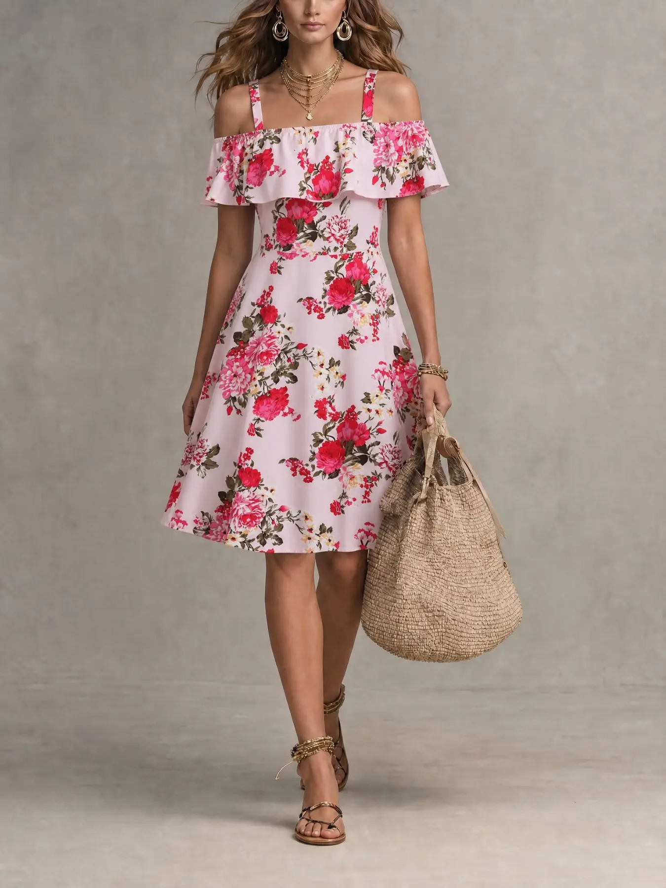 Stylish Women's Spring Summer Floral Print Fitted off Shoulder Spaghetti Strap Boho Style Ruffle Dress, Boho Printed Dress, Womenswear Long Elegant Chic Casual Wear Dress for All Seasons, Perfect for Casual Outings, Boho Romantic Sundresses
