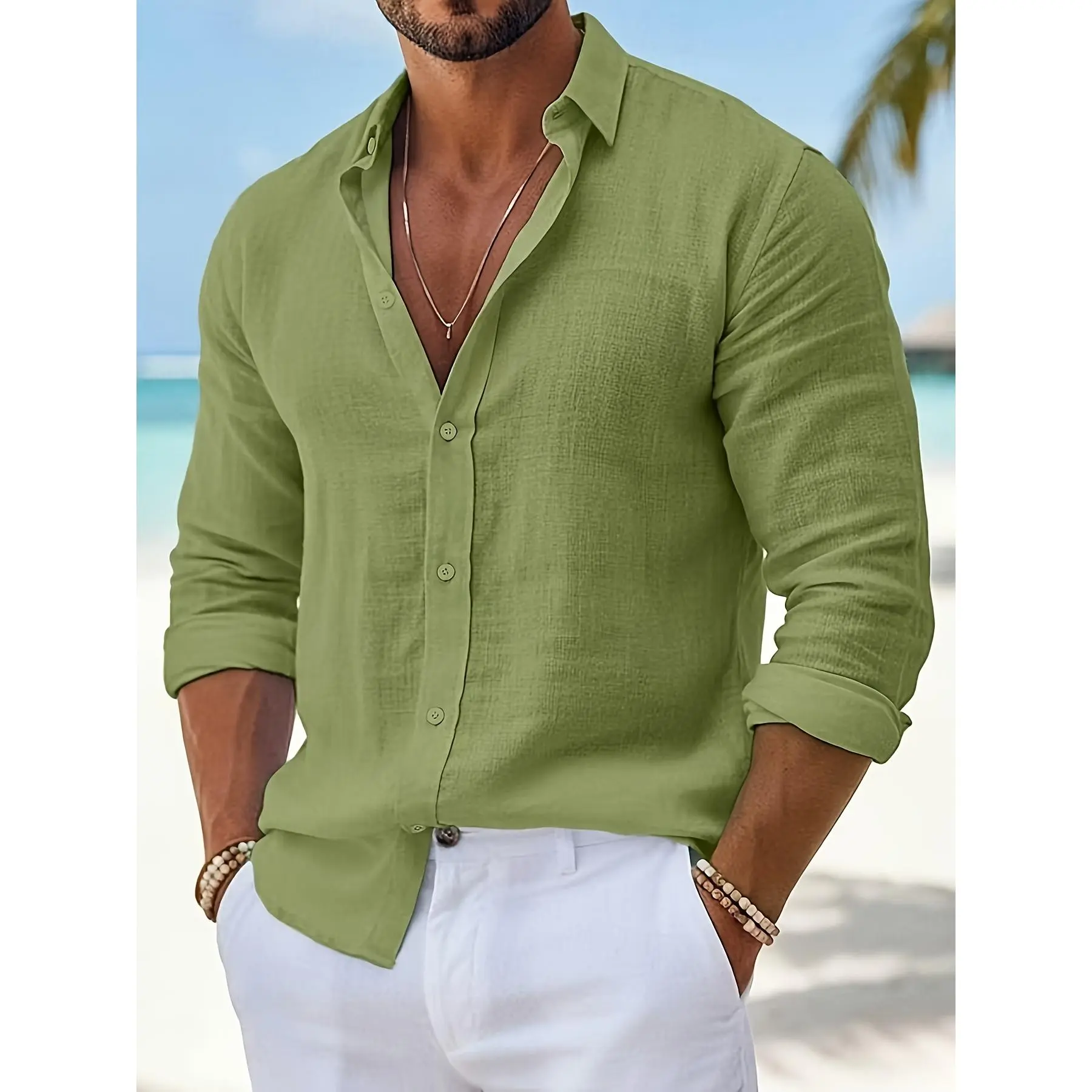 Men's Solid Color Linen Long-Sleeve Button-Down Shirt, Casual Regular Fit Beach Vacation Top