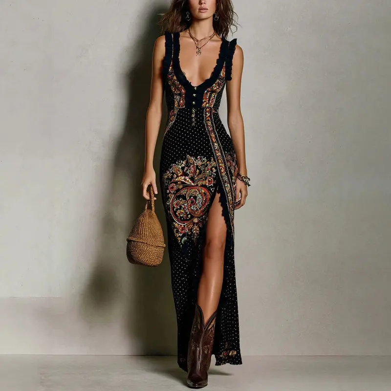 Women's Vintage Floral Print Formal Dress, Sleeveless High-Slit Slim-Fit Long-Strap Going Out Outfit for Stylish Women's Wear, Vintage Clothing