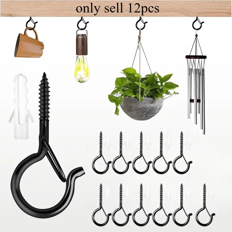12pcs Heavy Duty Q Hooks with Safety Lock, Hanging Accessory, Rust-proof Screw Hooks for Hanging Christmas Lights, Bird Feeders, Wind Chimes and Halloween Decorations, Screw Hook with Expansion Tube for Hanging Indoor and Outdoor Decorations