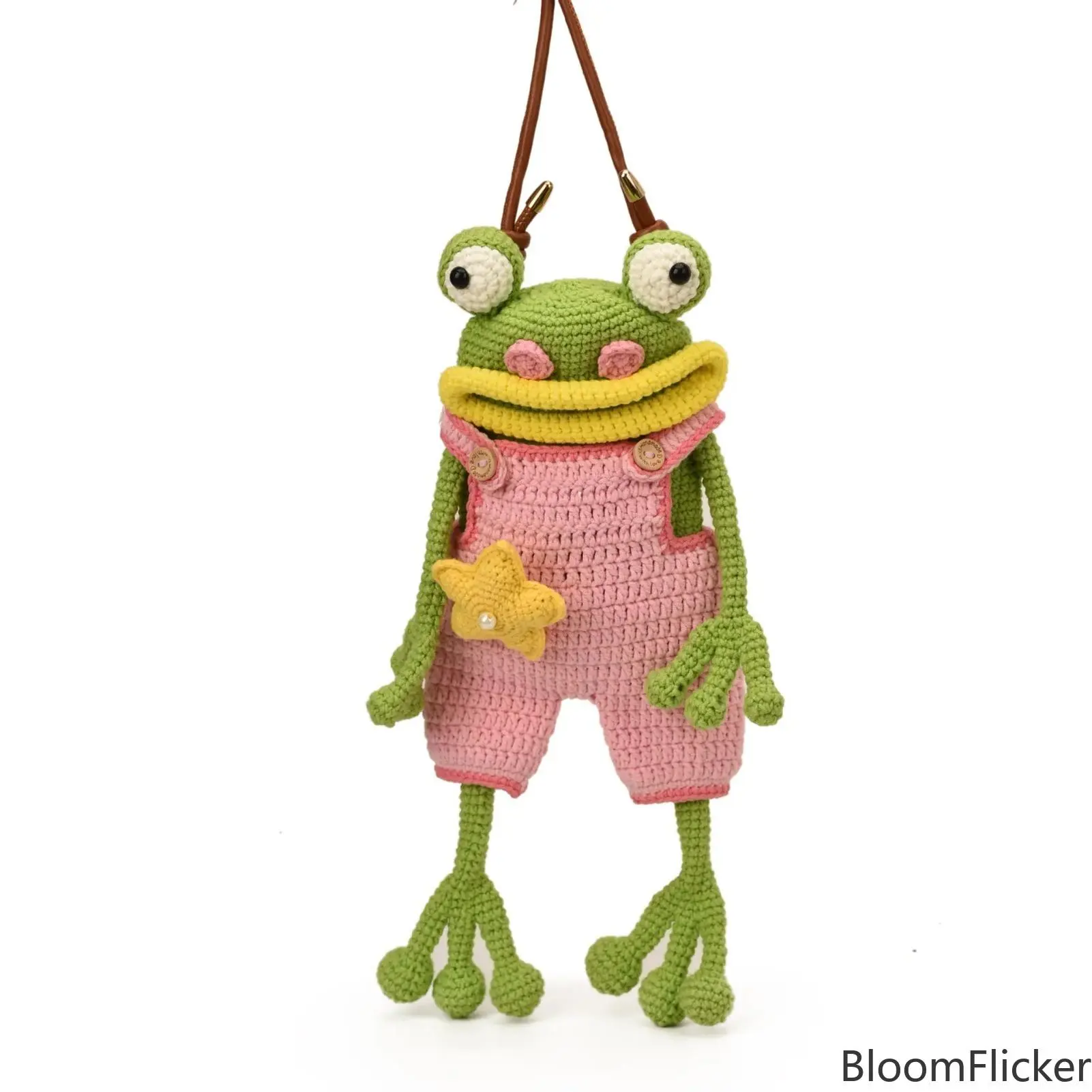 Hand Crocheted Frog Crossbody Bag With Adjustable Leather Strap, Ready-To-Use Knitted Froggie Shoulder Purse, Cute Cartoon Knit Handbag For Daily Casual Outfits