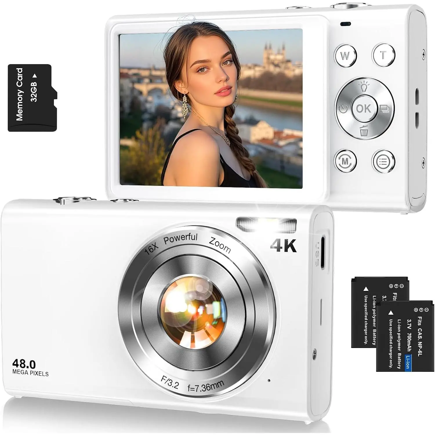 Digital Camera,Autofocus 4K 48MP Vlogging Camera for Photography,32GB Card | Portable Compact Point and Shoot Digital Camera for Teens Adult Beginner with 16X Zoom,Anti-Shake,2 (White)