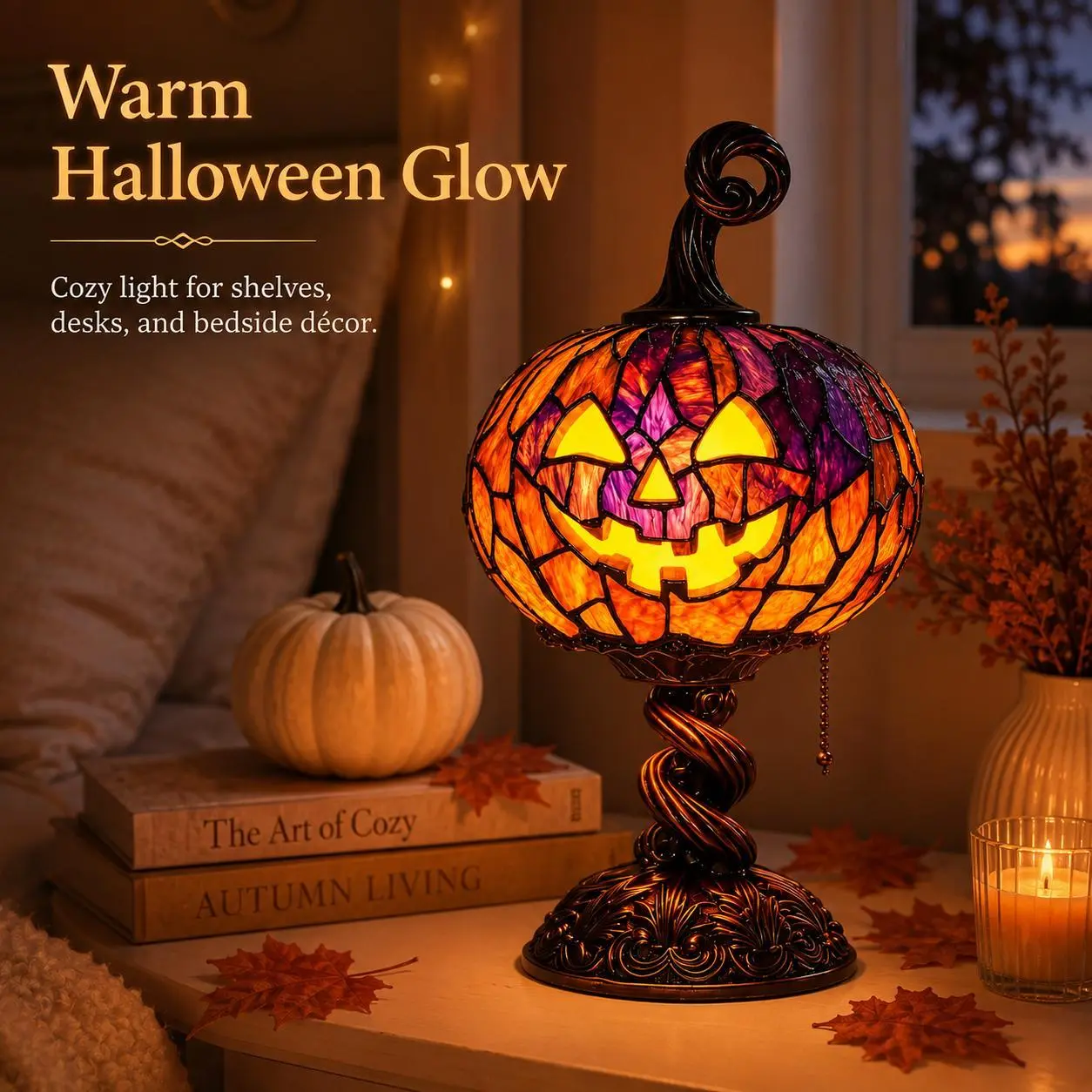 Halloween Spooky Resin Pumpkin Lamp - Cute Ornament, Electronic Light-Up Glow Camping Night Light, Party Decorations, Glow Party Accessories for Mantel, Desk, Halloween Gift