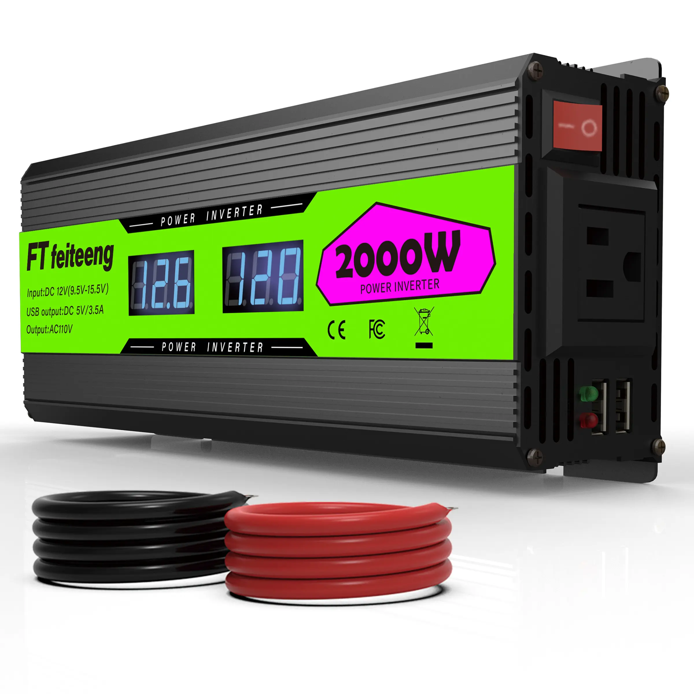2000w Peak Power Modified Sine Wave Inverter, 12V to 110/120v, Dual Digital Display, Dual USB Ports, Multiple Protection Features, Ideal for Car Travel, Outdoor Use, Home Emergency