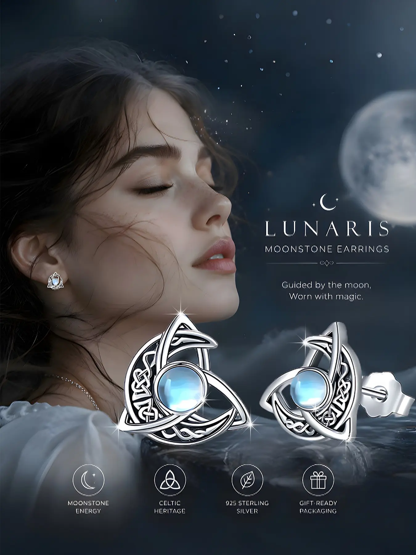 Elegant Women's S925 Silver Vintage Bohemian Moon Celtic Knot Ear Studs, Casual Sexy Daily Wear Earrings, Versatile Earrings, Birthday Gift, Valentine's Day, High Quality Earrings, Earrings Jewelry