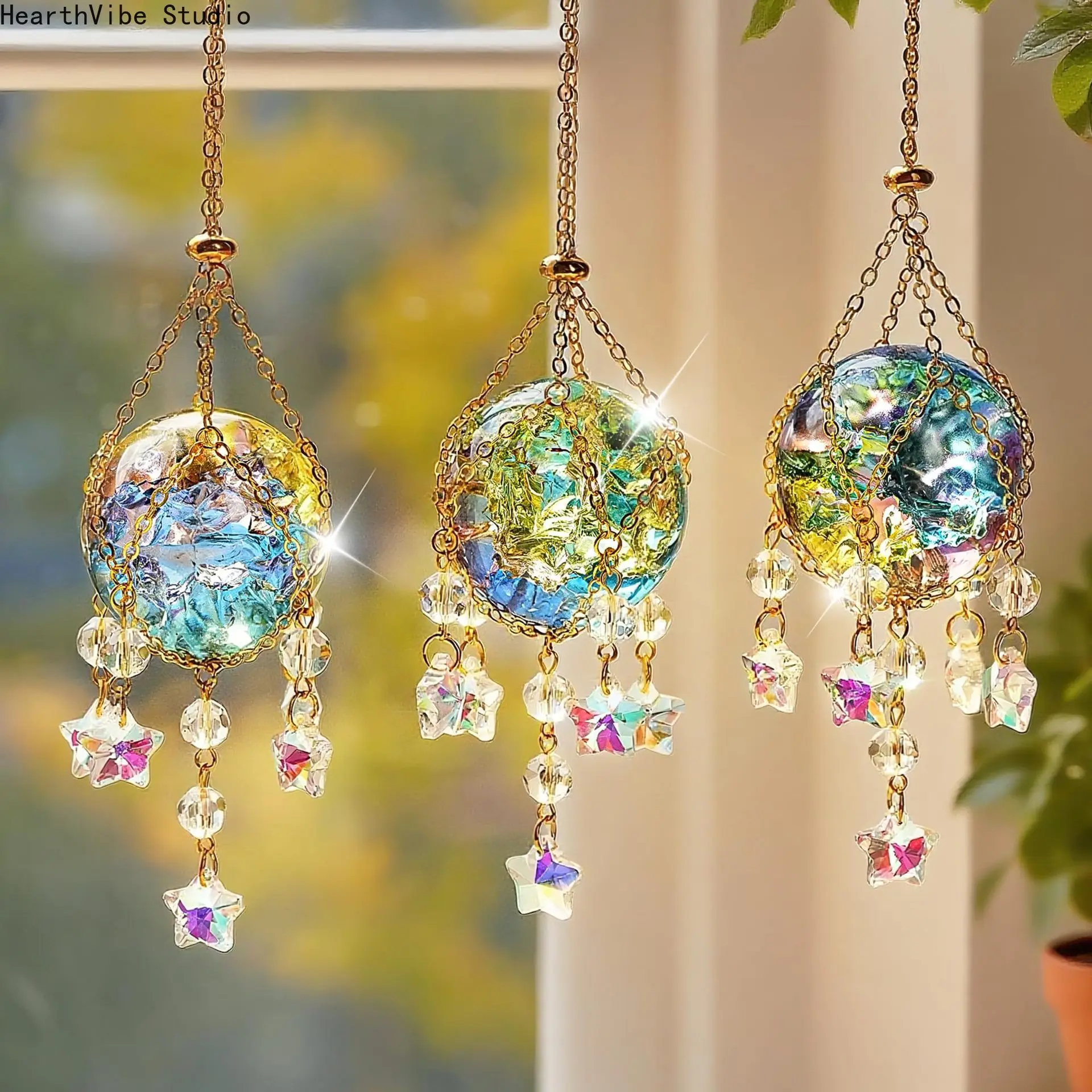 Crystal Suncatcher Hanging Ornament Aurora Crackle Glass Ball with Star Prisms Wind Chime Rainbow Maker Sun Catcher for Home Window Garden Decoration