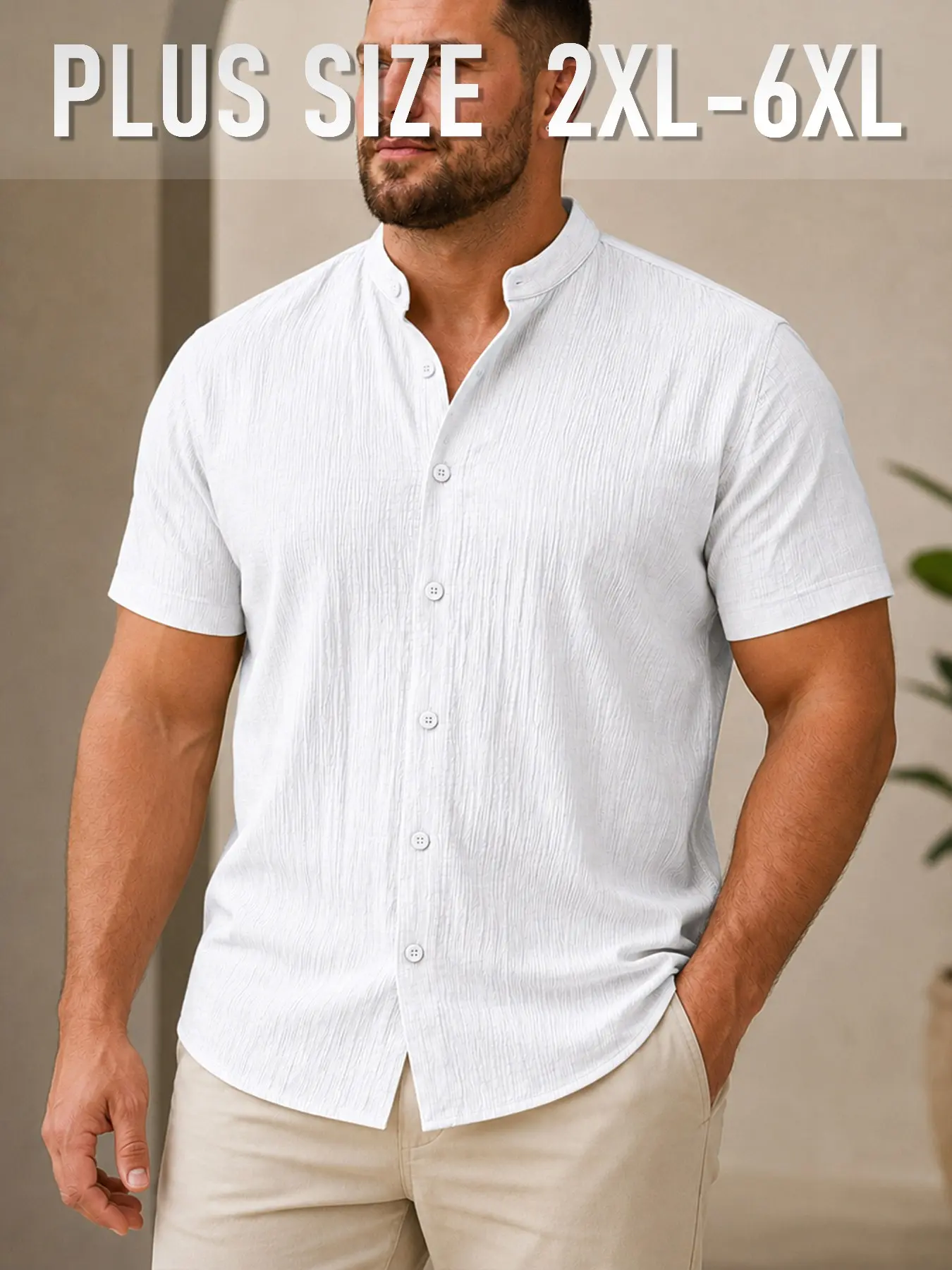 Plus Size Men's Summer Short Sleeve Shirt, 2xl-6xl, Lightweight Breathable Solid Plain Collar Button Shirt, Casual Beach Vacation Wear