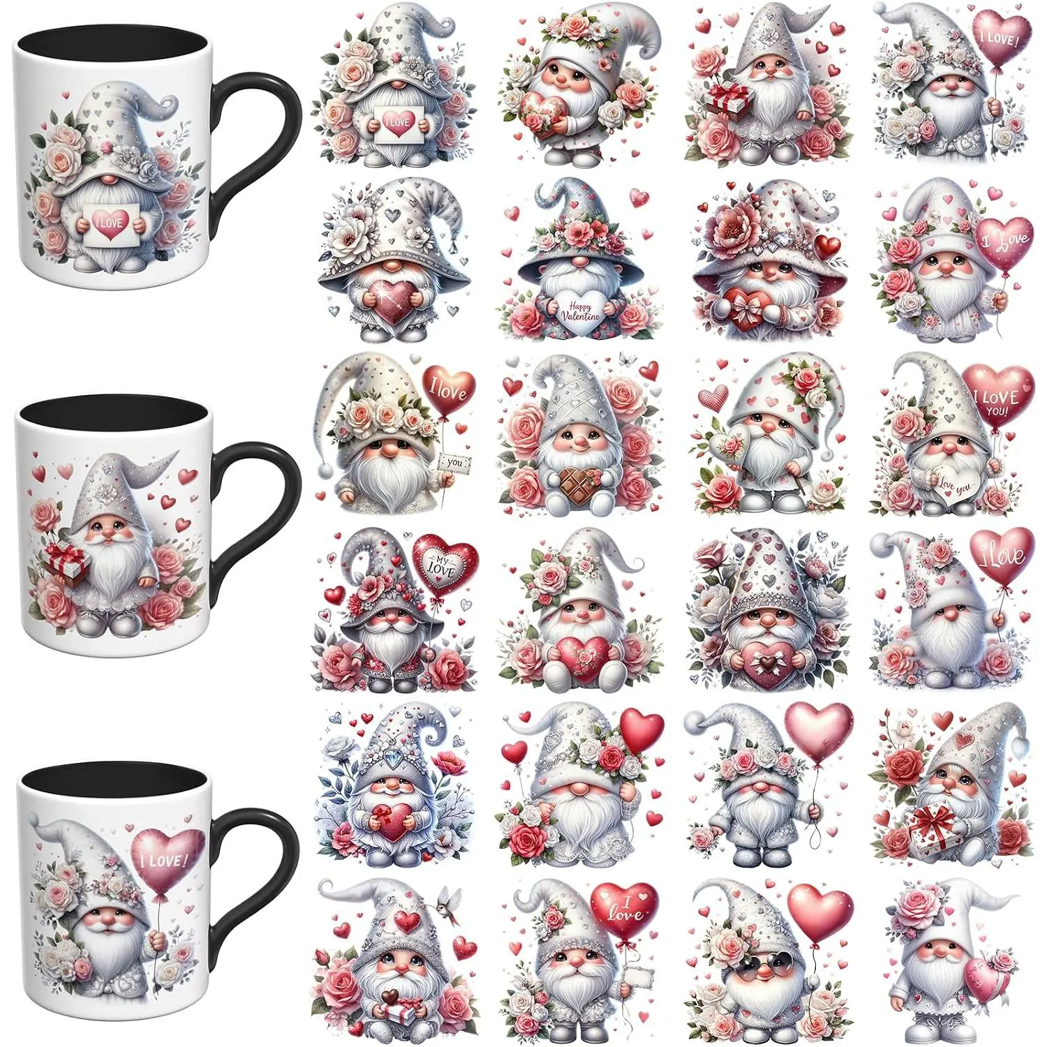 24 count Valentine White  UV DTF Cup Wrap,High Viscosity Transfer Stickers for Smooth Stainless Glass Ceramic Water Bottles Laptops Mug