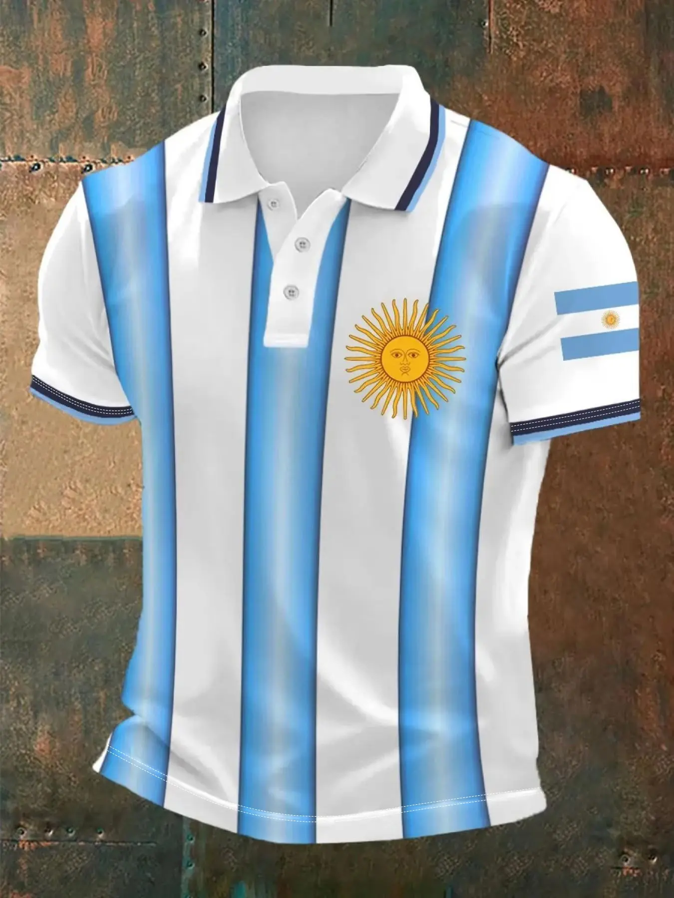 Men's Argentina Theme Polo Shirt, Blue Striped Sun Print Short Sleeve Top, Summer Fan Fashion, Casual Slim-Fit T-Shirt