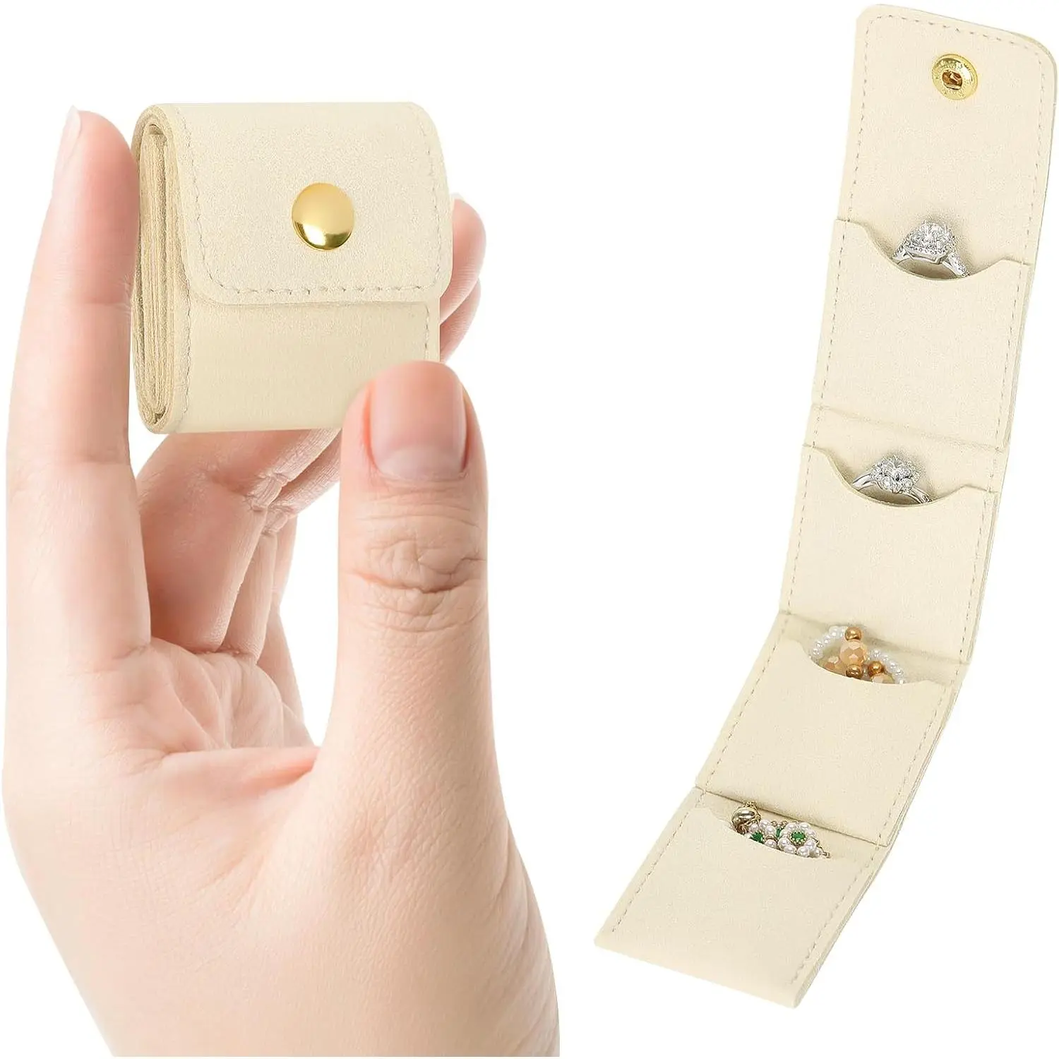 Mini Travel  Organizer Bag (Beige) | Foldable 4 Compartment, Gym  Holder Case, Ring Earring Necklace Storage Roll Pouch,  for Women