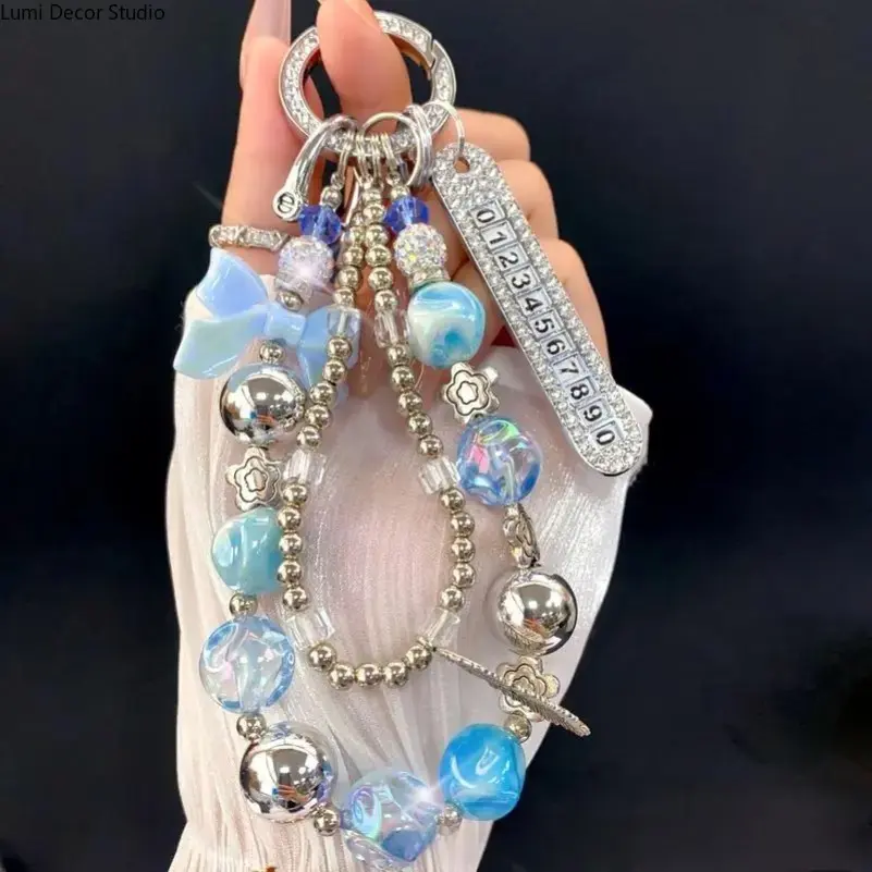 Rhinestone Butterfly Phone Charm - Beaded Wristlet Strap with Keychain Clip, Cute Accessories for Women, Compatible with Smartphone, Cellphone, Mobile, Bags, Keys