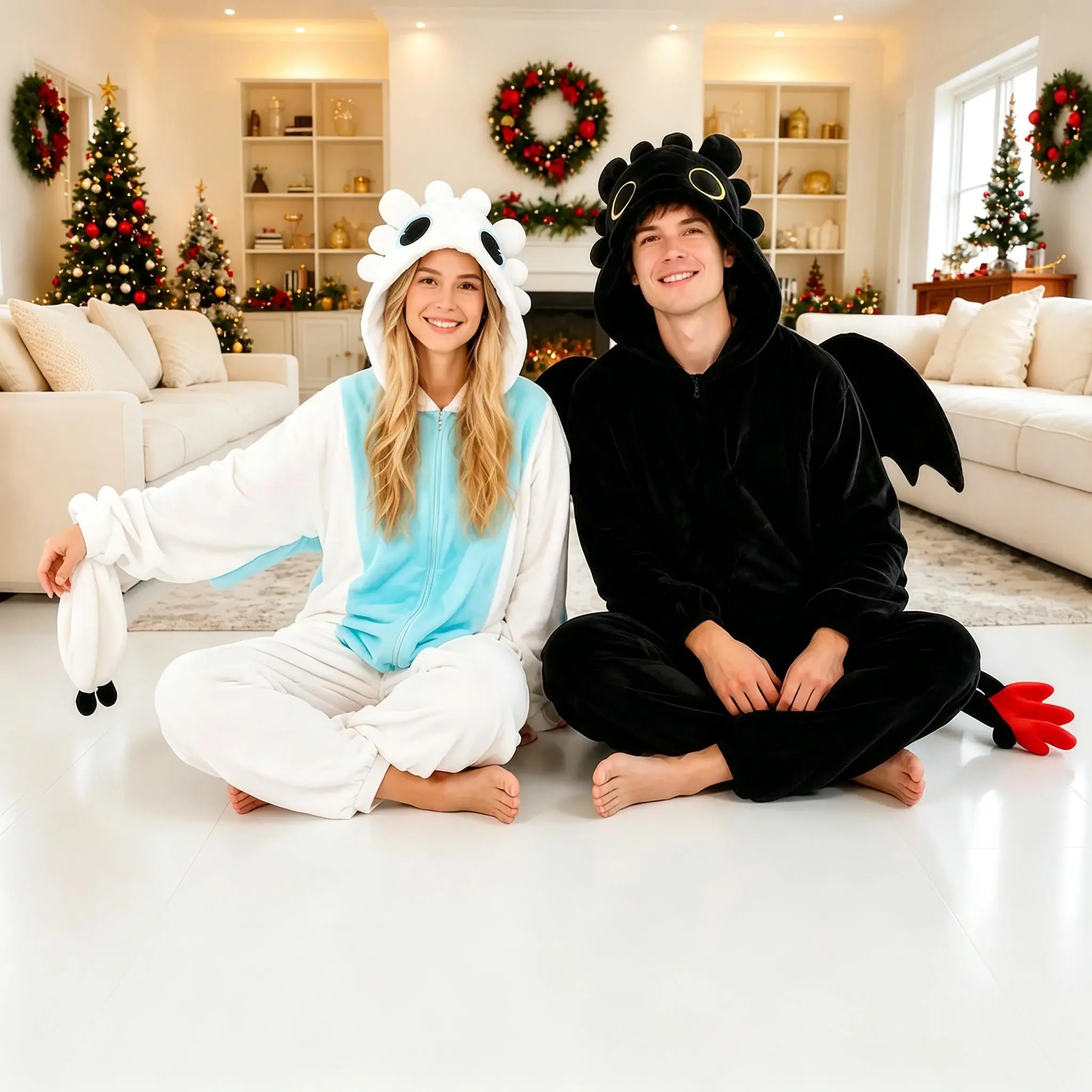 Black White Dragon Matching Onesies for Couples - Plush Kigurumi Pajama Set