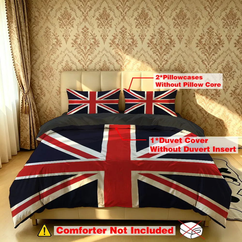 The 3-piece British flag-patterned bedding set includes one duvet cover and two pillowcases, without fillings. It's soft and comfortable, suitable for single beds and double beds, and ideal for use in bedrooms, dormitories, and hotels.