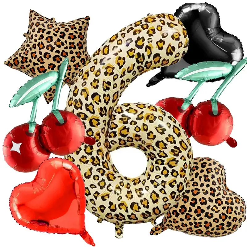 7pcs Extra Large 40-Inch Leopard Print Number Balloons 0-9, Animal Print Balloons, Cherry Aluminum Film, Heart, Wild Party Birthday Decorations