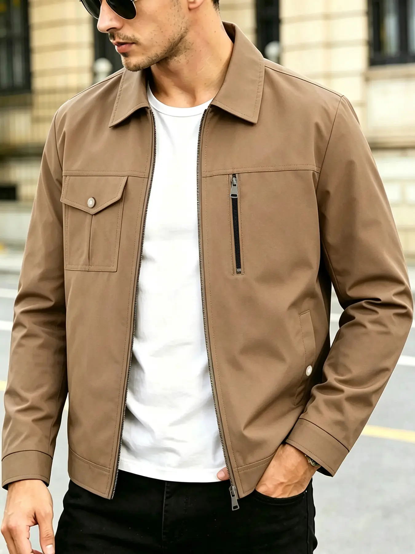 Men's casual jacket with zipper closure - zipper chest pocket and side seam pockets design, lightweight business collar jacket, polyester fiber fabric easy to maintain, suitable for daily outings, sports and formal wear - spring and autumn seasons