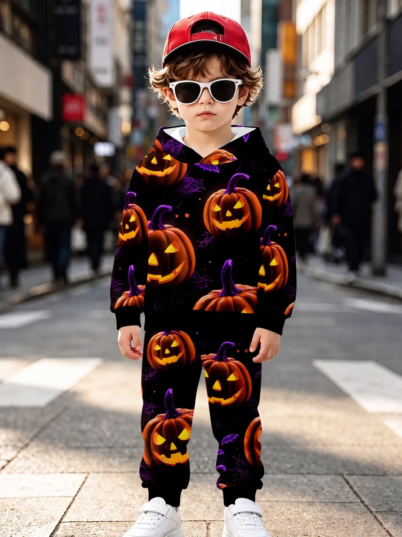 Unisex Halloween Hoodie Set, Glow-In-The-Dark Jack Pumpkin Bat Spider Web Print, Matching Cuffed Sweatpants, Festival