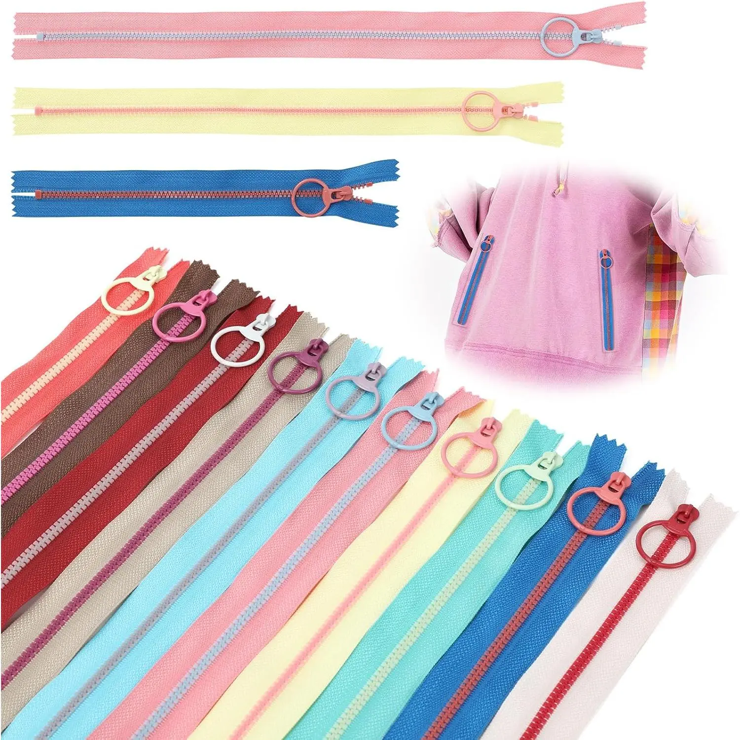 30-Piece Multi-Size Closed-End Resin Zipper Strips Set with Metal Pulls, 10 Colors for Sewing, Craft Supplies