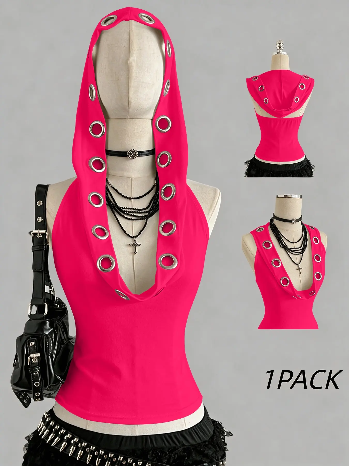 Trendy Gothic Women's Retro Vintage Sexy Y2K Music Festival Punk Backless Hooded Neckline Top, Stylish and Unique Fashion Statement Piece